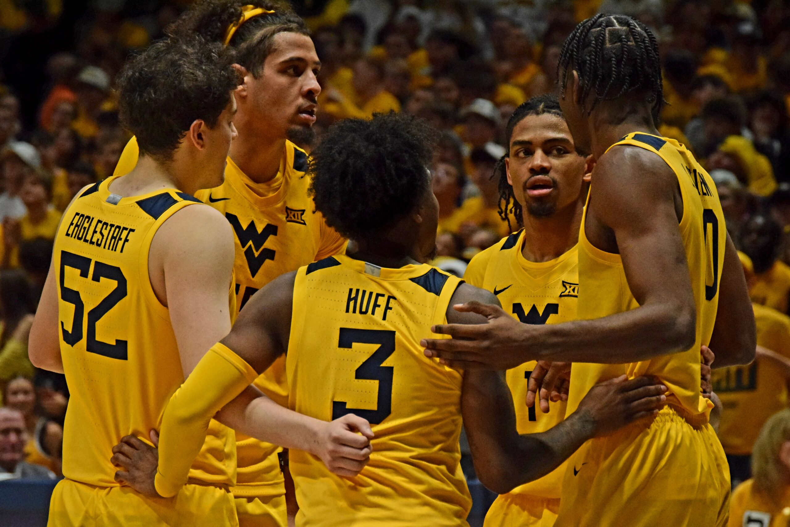 WVU Basketball Team Huddle