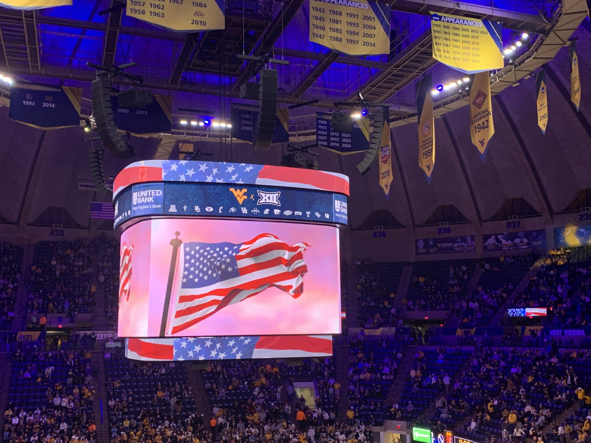 US Flag at WVU Basketball game at Hope Coliseum