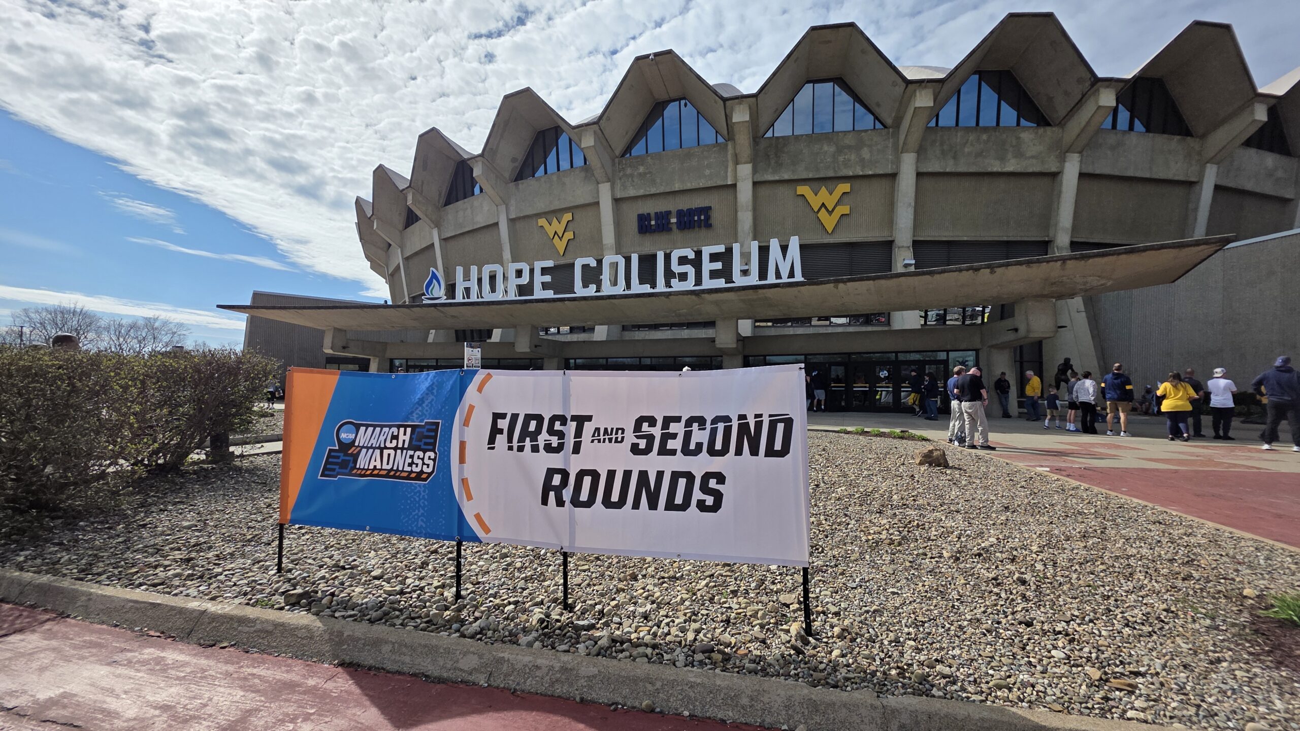 NCAA Tournament sign outside WVU Hope Coliseum