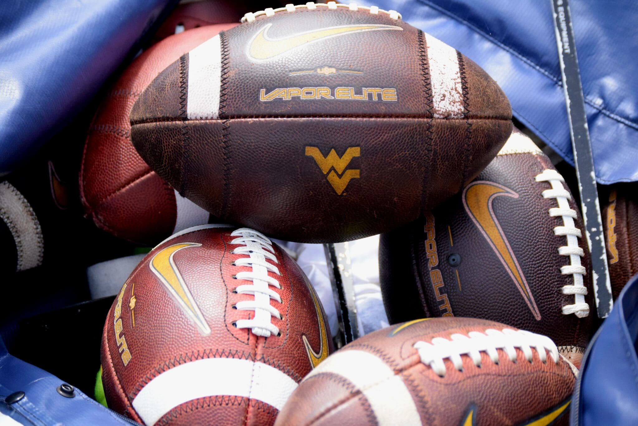 WVU Footballs in bag stock
