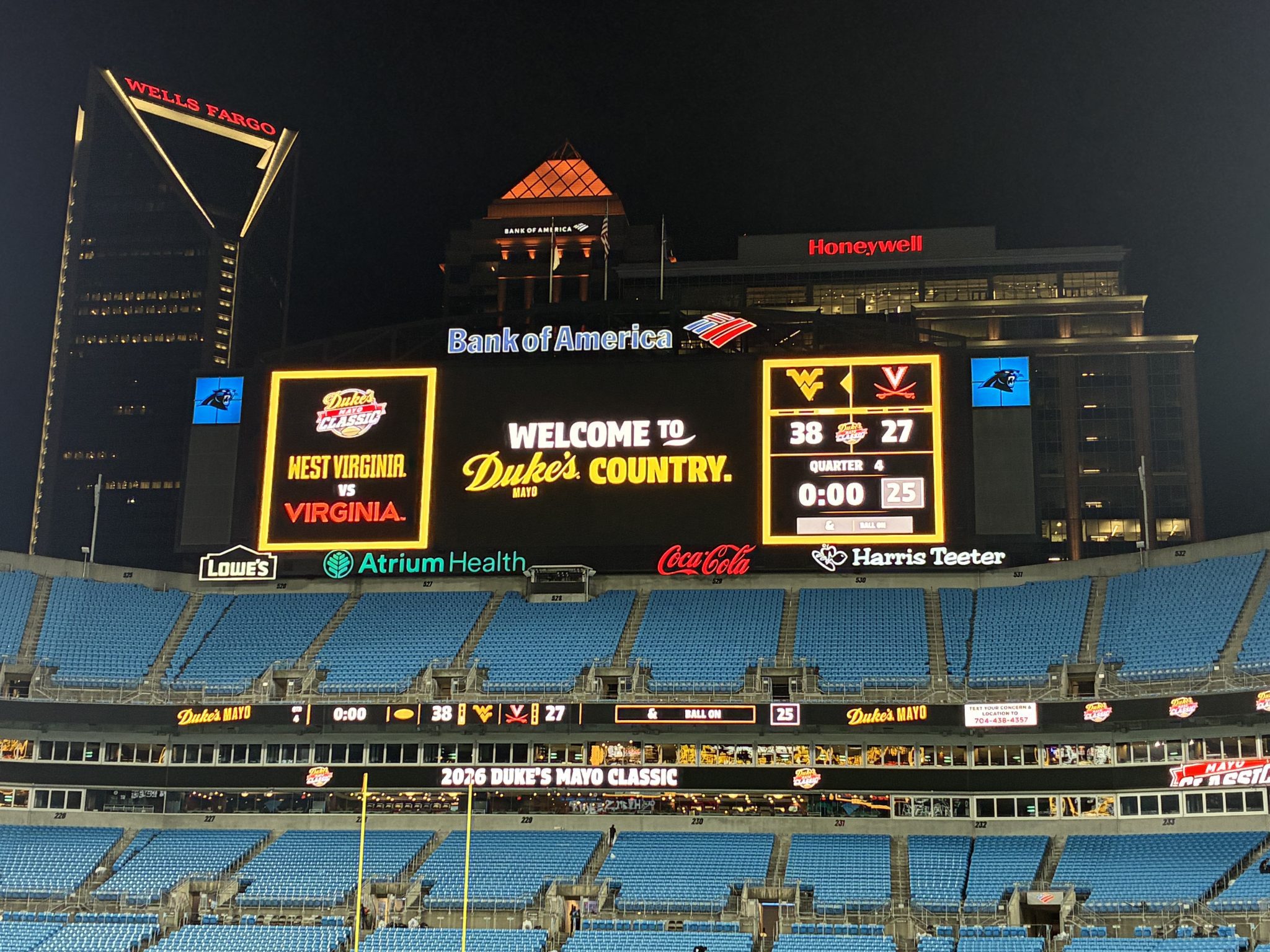 Scoreboard at Bank of America Stadium after WVU Footabll win